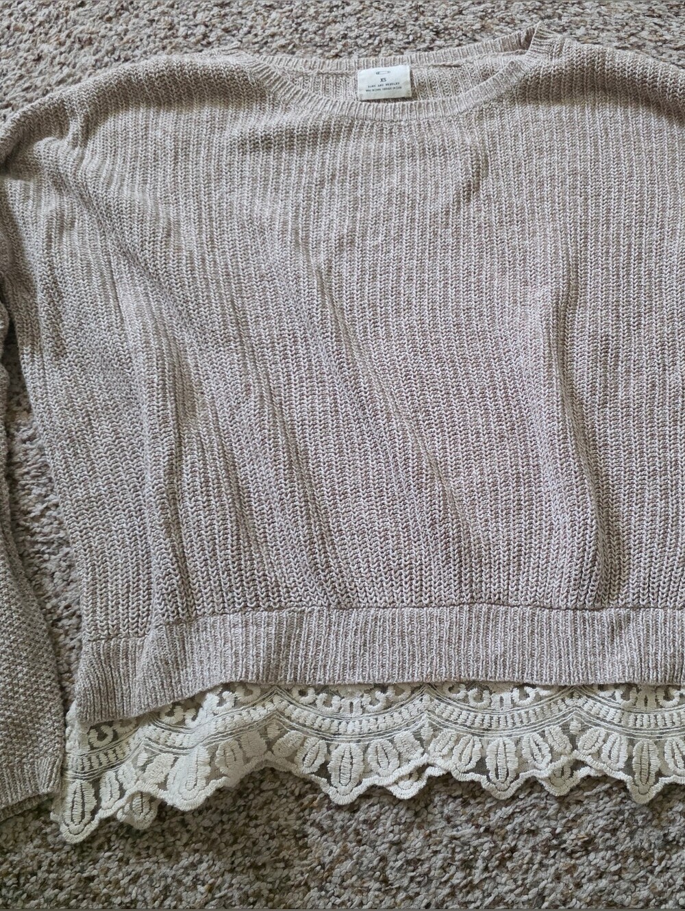 UO PINS AND NEEDLES Oversized Lace Trim Sweater Tan Size XS Cotton Acrylic Blend